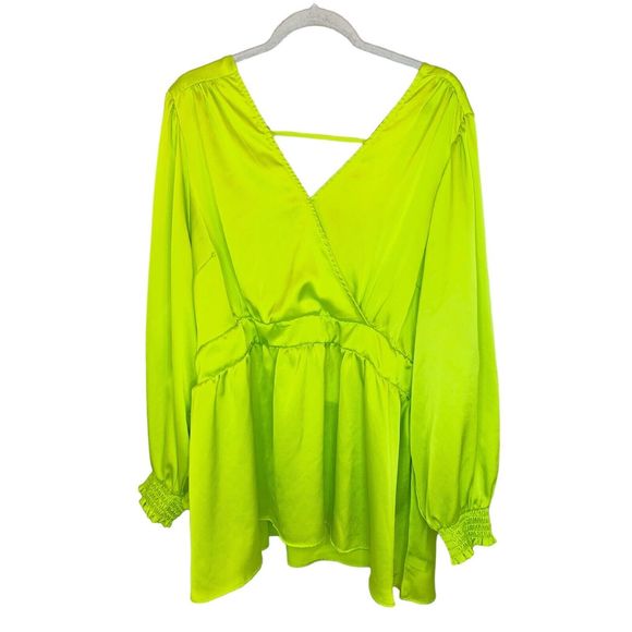 Torrid Satin Surplice Tie Cut Out Back Long Sleeve Blouse 4XL Chartreuse Yellow - Picture 5 of 8